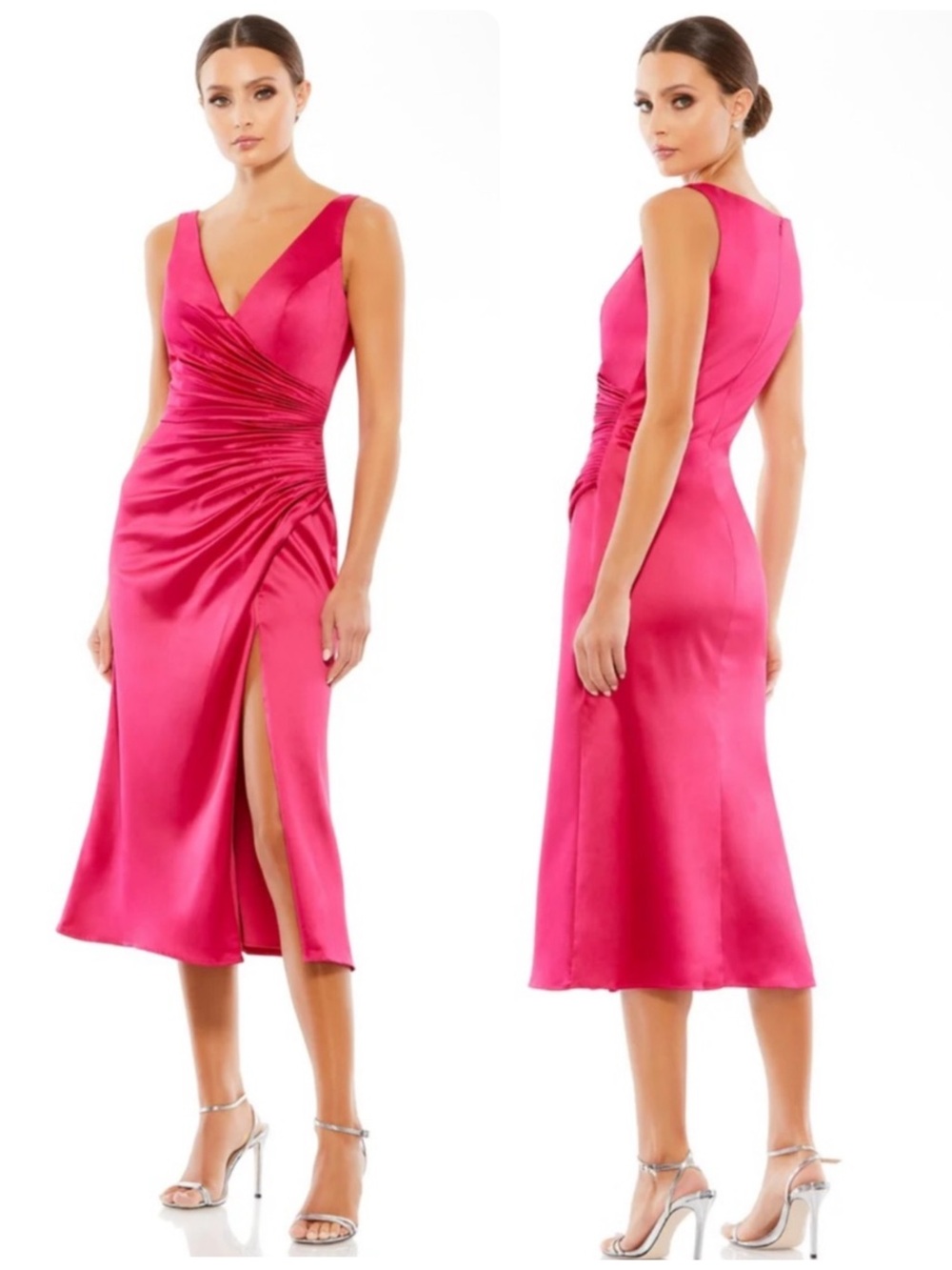 IEENA For MAC DUGGAL V‑Neck Midi Side Slit Lipstick Dress Style #26625 NWT $358